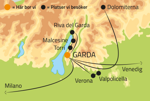Geografisk karta över Garda i Italien.